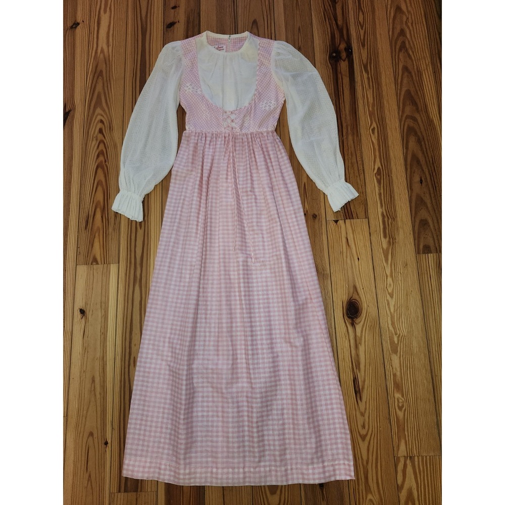 Vintage 1970s Candi Jones Novelty Fruits Pink Gingham Cottage Core Maxi Dress